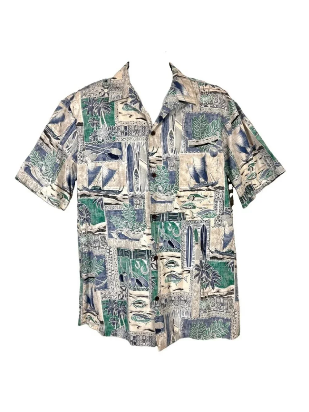 RJC Tapa Fish Canoe Ocean Mens Hawaiian Shirt size XL 49x31 Cotton USA Made